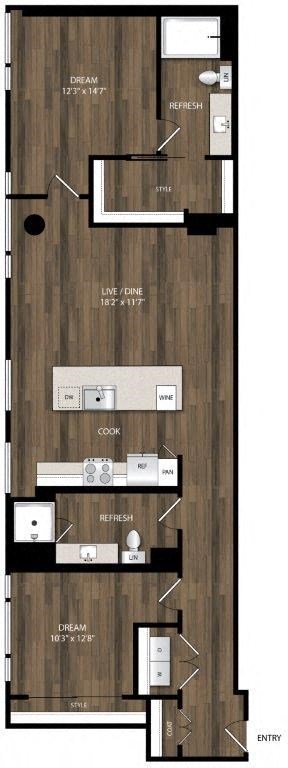 Floor plan for 2 beds, 2 baths, 1215 sqft